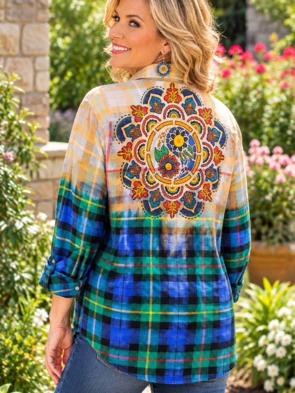 Upcycled Hand Painted Mandala Flannel Shirt - Bleached Blue Green Plaid L